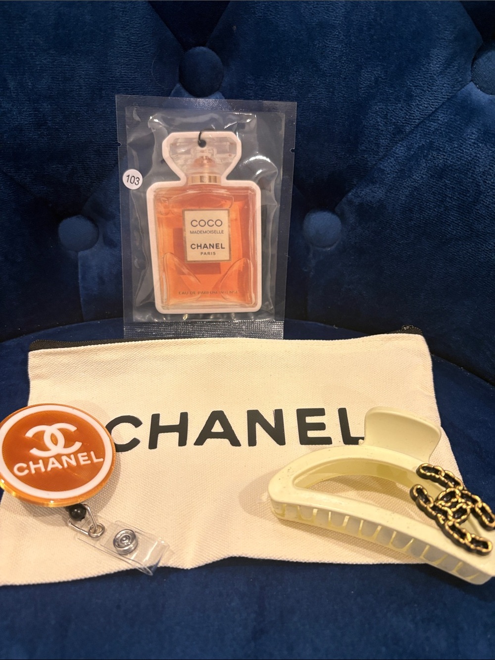 4 New Fashion Hair Claw, Pouch, Badge Holder and 1 COCO Car Freshener Bundle
